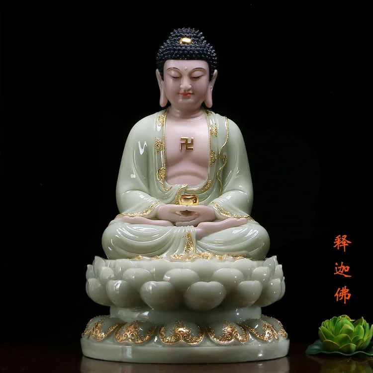 

30cm LARGE- Buddhist high-grade home TOP efficacious Talisman Mascot Sakyamuni Buddha jade gilding carving Sculpture statue