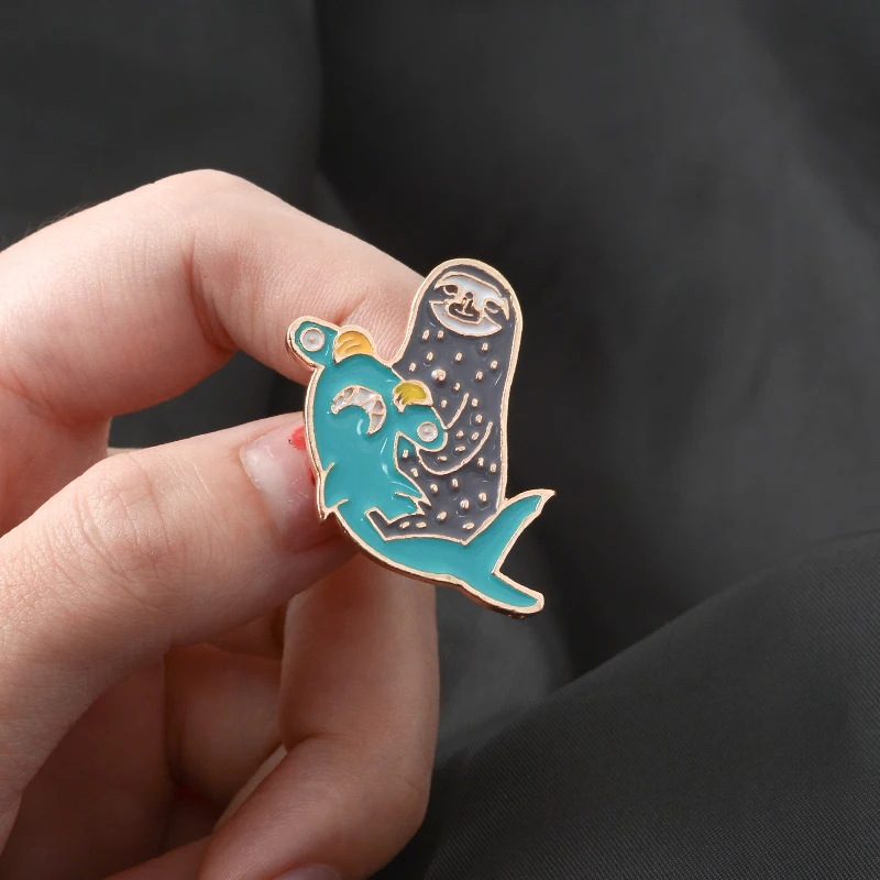 

Sloth Family ! Cute Baby Flash Hammerhead shark Surfing Sloth Soft Enamel Cartoon Animal Brooches Lapel Pins