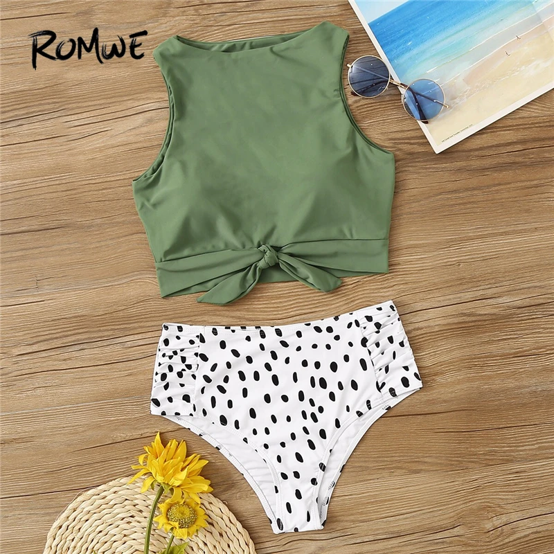 Romwe Sport Two-Pieces Suits Knot Hem Top With Ruched Panty 2 Piece Swimsuit Women Summer High Neck Casual Swimwear 2 Colors
Romwe Sport Two-Pieces Suits Knot Hem Top With Ruched Panty 2 Piece Swimsuit Women Summer High Neck Casual Swimwear 2 Colors