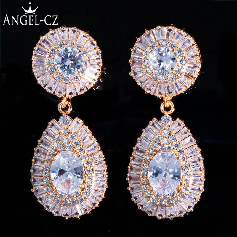 

ANGELCZ Indian Cubic Zirconia Yellow Gold Color Big Water Drop Shape Long Dangle Bridal Wedding Earrings Jewelry for Women AE232