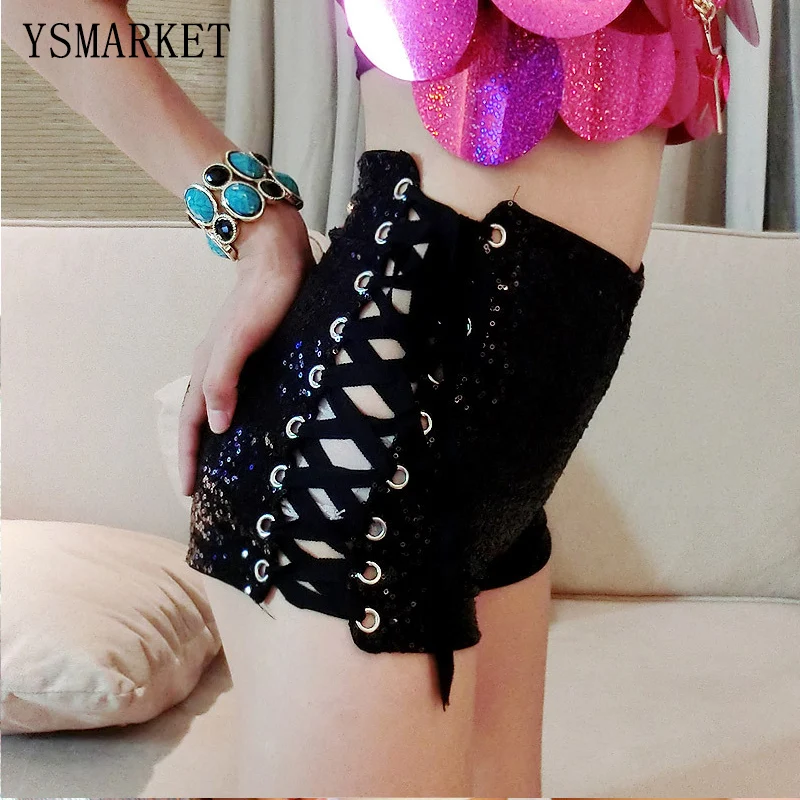 Фото Женские сексуальные шорты с блестками летние модные со шнуровкой обтягивающие