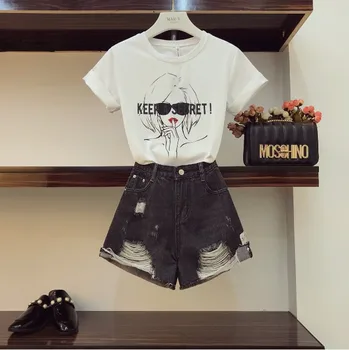 2018 New Fashion Summer Women's Short Sleeve Girl Printed T-shirt + Hole Jeans Shorts Two-piece Student Female Casual Shorts Set
2018 New Fashion Summer Women's Short Sleeve Girl Printed T-shirt + Hole Jeans Shorts Two-piece Student Female Casual Shorts Set
