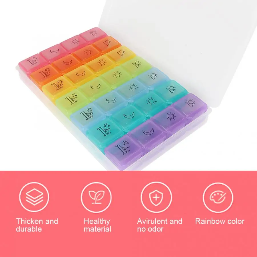 Newly Weekly Portable 28 Rainbow Color Pill Box Portable Travel Pill Organizer with Moisture-proof Design Large Compartments
Newly Weekly Portable 28 Rainbow Color Pill Box Portable Travel Pill Organizer with Moisture-proof Design Large Compartments