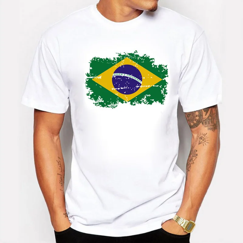 

BLWHSA New Tops Summer Brazil Flag Fans Men T shirts Cotton Nostalgia Brazil Flag Style Rio Games Fitness T-shirts for Men