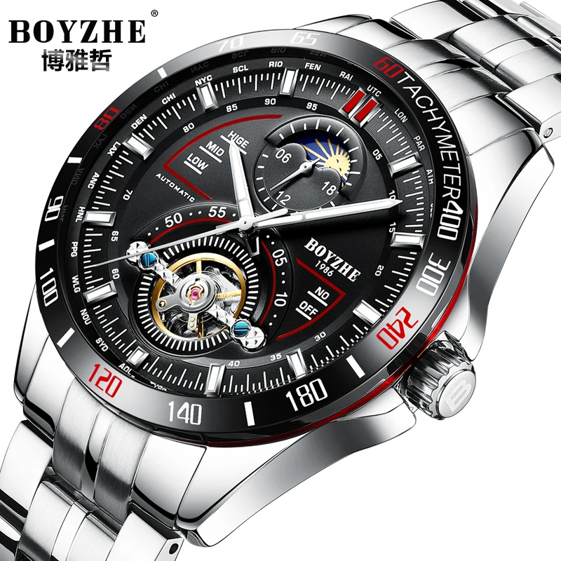 BOYZHE Mechanical Watches Stainless Steel Band Sport Automatic Tourbillon Watch Men Moon Phase Calendar Luminous Montre Homme | Наручные
