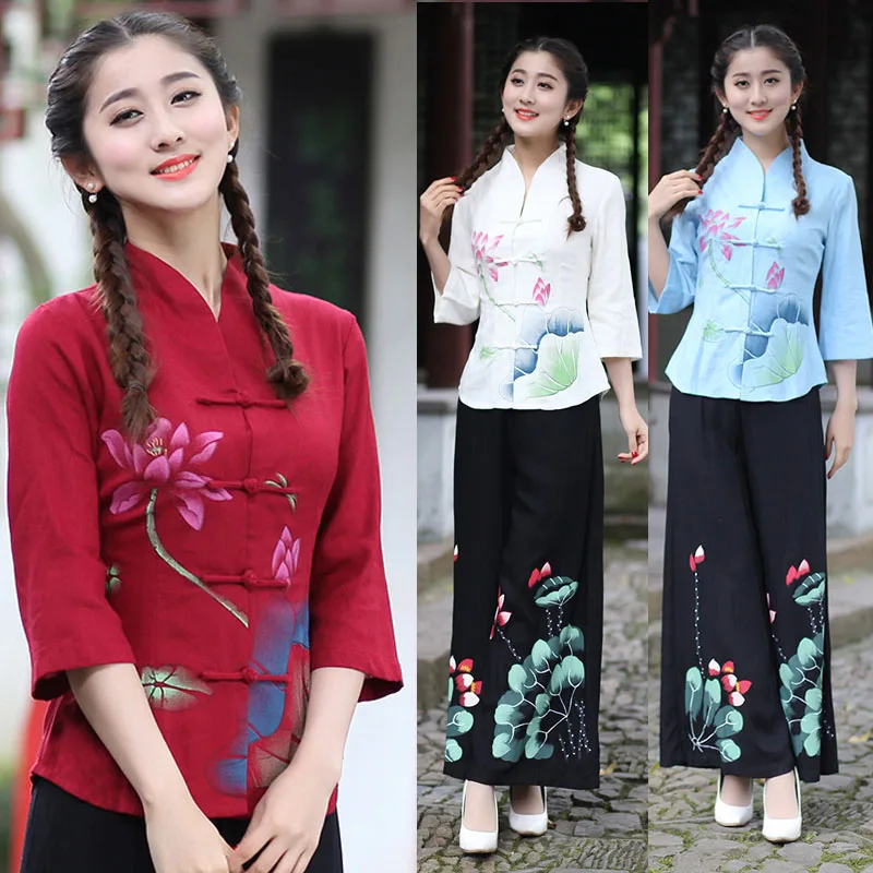 

2017 New Arrival Women's Cotton Linen Shirt Blouse chinese Ladies traditional tops Tang Suit Slothings La camisa de las mujeres