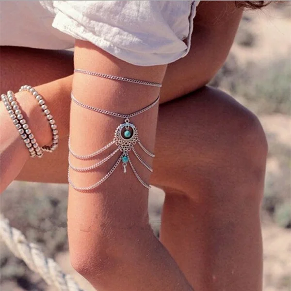 

Hot 1 pcs New Boho Gypsy Festival Blue Upper Arms Chain Armlet Armbands Bracelet Muti Chain Tassel Bangles Foots Bracelet Anklet