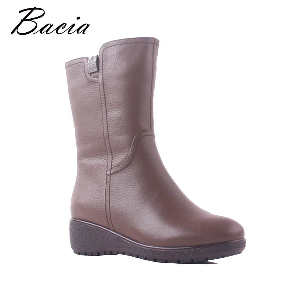 

Bacia Winter Boots Women Genuine Leather 100% Real Wool Fur Fashion Mujer Botas Snow Boots Low Heels Wedges Gray Shoes SB115