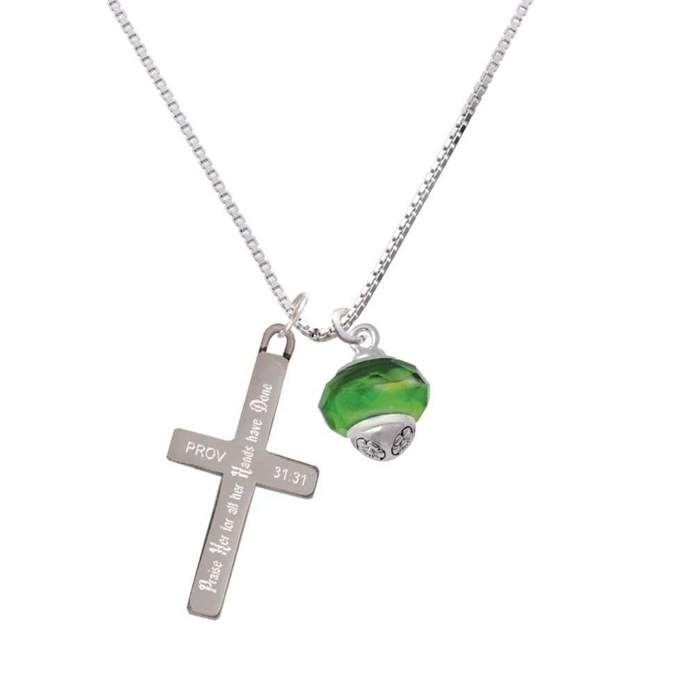 Green & Yellow Faceted Glass Spinner - Praise Her - Cross Necklace