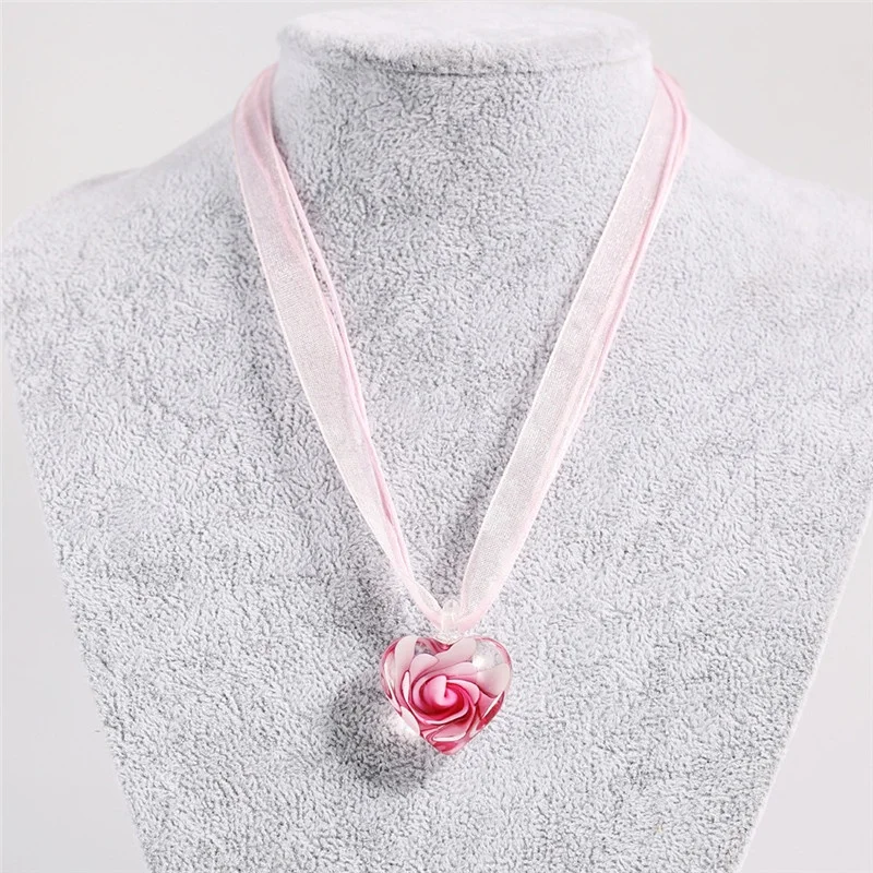 Handmade Luxury Love Heart Necklace Glass Blown Flower Inlaid Spiral Ribbon*