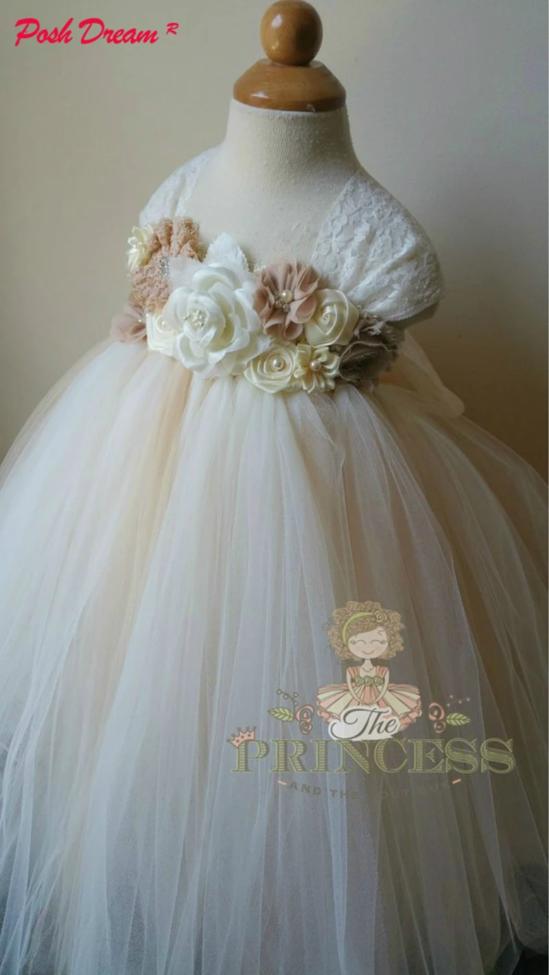 

POSH DREAM Ivory Champagne Flower Girl Dress for Wedding Party Shabby Flower Kids Party Clothes for Children Girls Tutu Dress