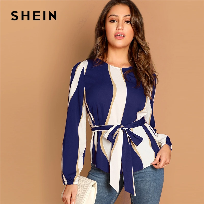 

SHEIN Modern Lady Navy Self Belted Striped Scoop Neck Shirt Pullovers Top Women Streetwear Autumn Minimalist Elegant Blouse