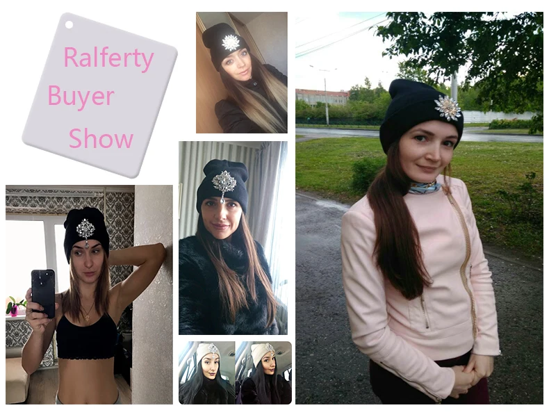 Ralferty 2018 Winter Hats For Women Knitted Luxury Flower Crystal Beanies Hat Female Skullies Caps Black Streetwear Gorras Gorro 14