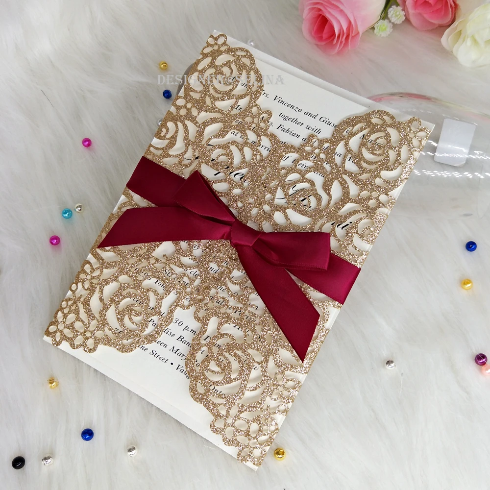 Luxury Rose Gold Glitter Laser Cut Wedding Invitations with Burgundy Ribbon Sweet 16th Birthday Quinceanera Invite
Luxury Rose Gold Glitter Laser Cut Wedding Invitations with Burgundy Ribbon Sweet 16th Birthday Quinceanera Invite