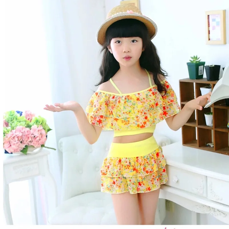 Girls Two Pieces Suits For Swimming Children Polyester Swimwear Kids Floral Bathing Suit Swim Wear Big Girl Swimsuits 3-15 Years 5