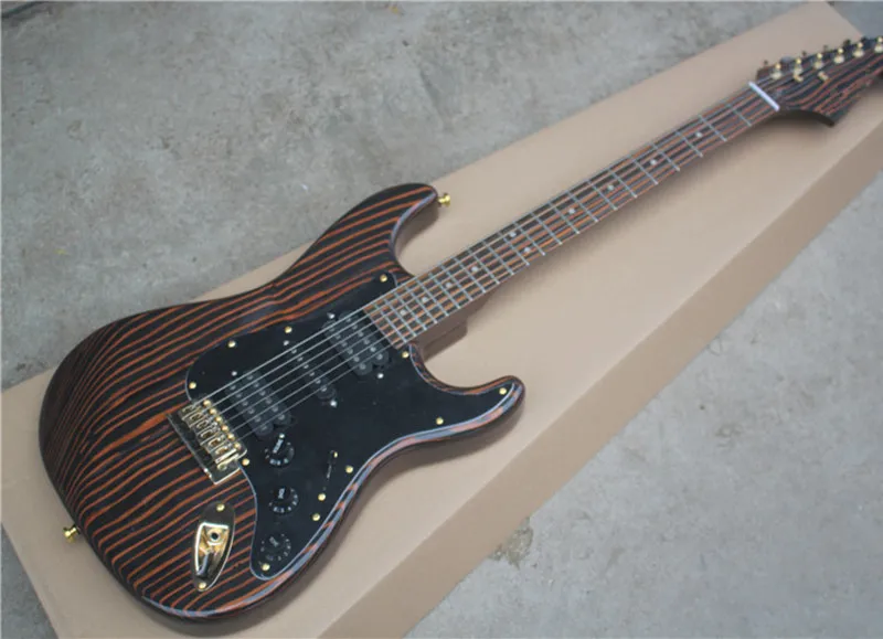 Factory Custom Zebrano body 22 frets Electric Guitar with HSH pickups,Golden hardware,Black pickguard,can be customized
Factory Custom Zebrano body 22 frets Electric Guitar with HSH pickups,Golden hardware,Black pickguard,can be customized