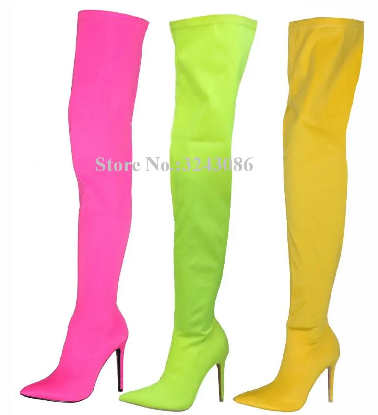 

New Candy Color Elastic Ladies Long Boots Fashion Pointed Toe Thin Heel Thin Leg Over-the-knee Boots Woman Model Club Shoes