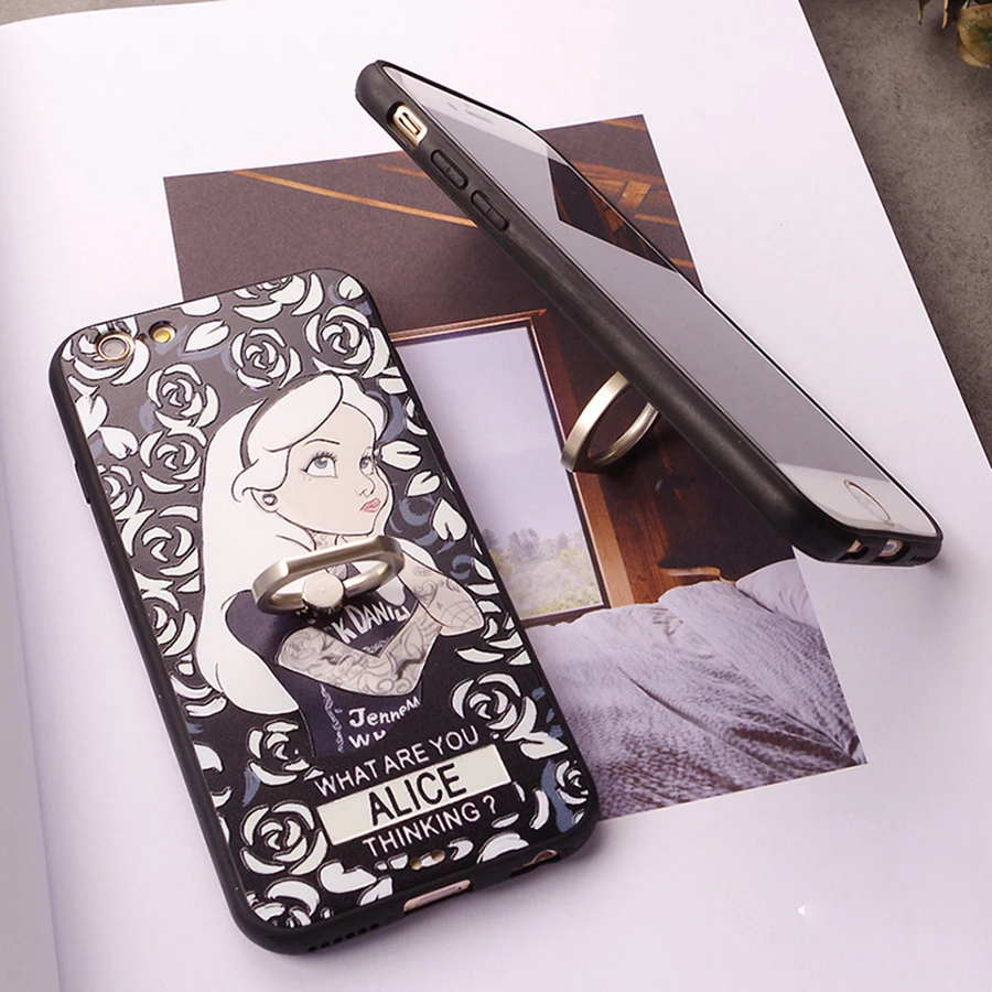 Фото 3D Relief Painting Ring Stand Cartoon Alice princess TPU Fitted Case For iphone 6 4.7/5.5inch PC back cover 7/7Plus |
