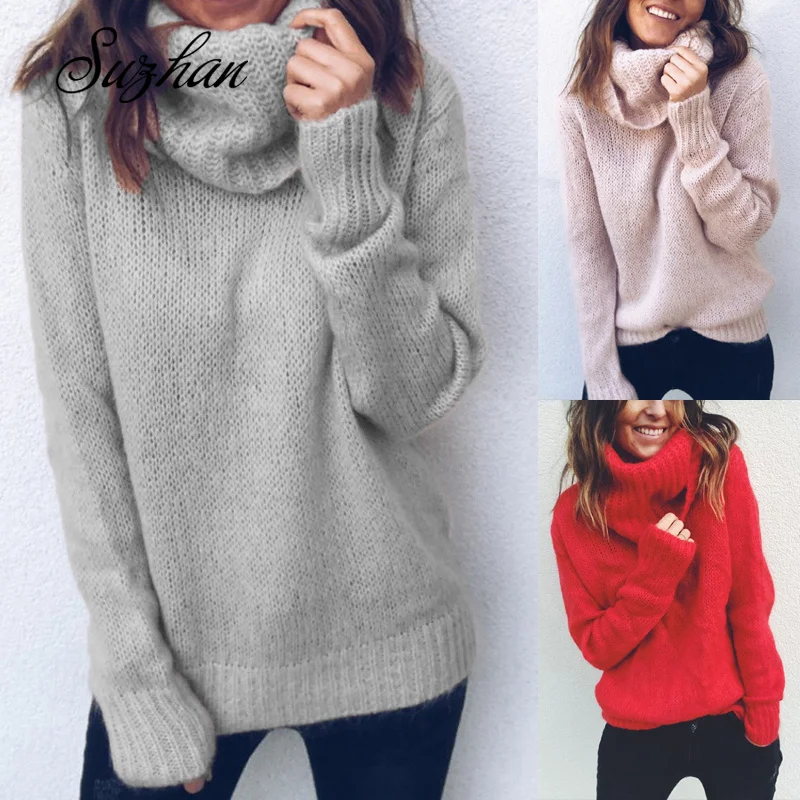 

Suzhan 2019 Turtleneck Knitted Sweaters Solid Long Sleeve Loose Knitted Pullovers Women Tops Sweater