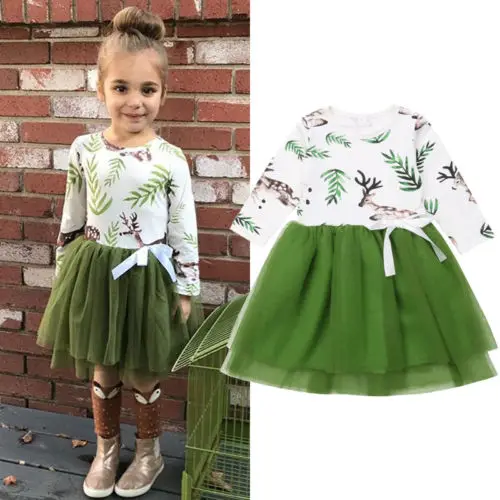 

Pudcoco Xmas Freen Deer Flower Dress Kid Baby Girl Tutu Dress Long Sleeve Princess Christmas Party Pageant Formal Toddler Dress