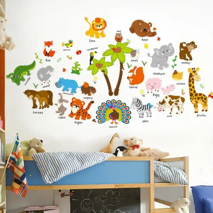 Cartoon Animal Wall Sticker Friends Stickers For Kids Rooms English Letters Decal Nursery Decor SK9296 | Дом и сад