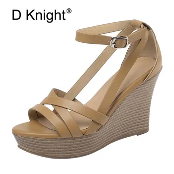 

Genuine Leather Summer Women's Sandals Ankle Strap Shoes Woman 8CM/10CM High-Heeled Platfroms Casual Wedges For Women High Heels