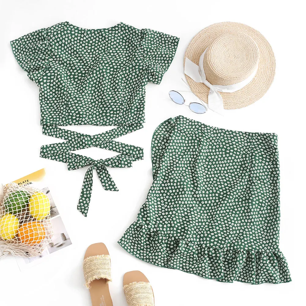 ZAFUL Short Sleeve Two Piece Set Women Boho Summer Beach Suit Girls Tiny Floral Wrap Crop Top And High Waist Ruffles Skirts Set
ZAFUL Short Sleeve Two Piece Set Women Boho Summer Beach Suit Girls Tiny Floral Wrap Crop Top And High Waist Ruffles Skirts Set