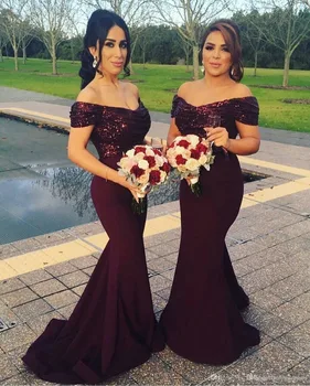 

2019 Burgundy Off the Shoulder Mermaid Long Bridesmaid Dresses Sparkly Sequined Wedding Guest Dresses Blush Maid of Honor Gowns
