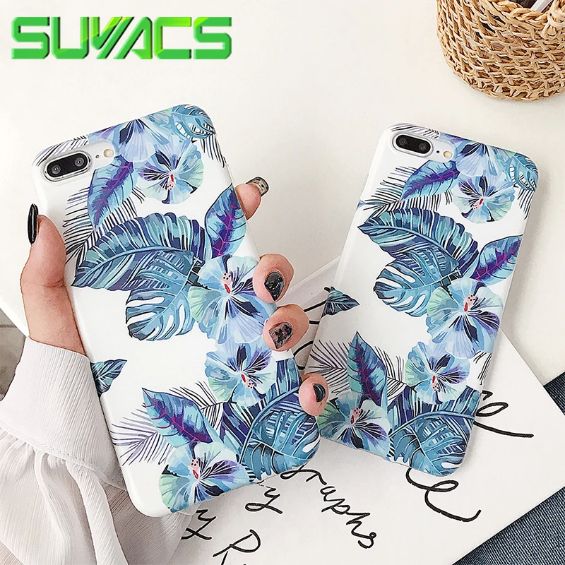 

SUYACS Blue Banana Leaf Flower Phone Case For iPhone XR XS Max 6 6S 7 8 Plus X Matte Soft IMD Full Body Phone Back Cover Shell