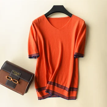 2019 Women's short-Sleeved casual Sweaters Women wool Blend Knitted V neck Striped sweater short-Sleeve Pullovers Tees
2019 Women's short-Sleeved casual Sweaters Women wool Blend Knitted V neck Striped sweater short-Sleeve Pullovers Tees