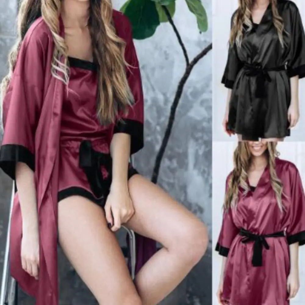 Women Sexy Translucent Sleepwear Set Faux Silk Half Sleeve Short Kimono Bath Robe Solid Color Nightgown With G-String Satin Sash
Women Sexy Translucent Sleepwear Set Faux Silk Half Sleeve Short Kimono Bath Robe Solid Color Nightgown With G-String Satin Sash