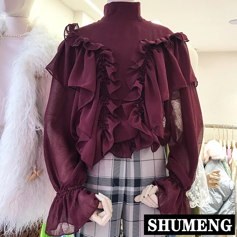 New Spring Women's High-collar Flare Sleeves Chiffon Blouses Solid Color Lady's Loose Ruffled Shirts Blusas Female Tops
New Spring Women's High-collar Flare Sleeves Chiffon Blouses Solid Color Lady's Loose Ruffled Shirts Blusas Female Tops