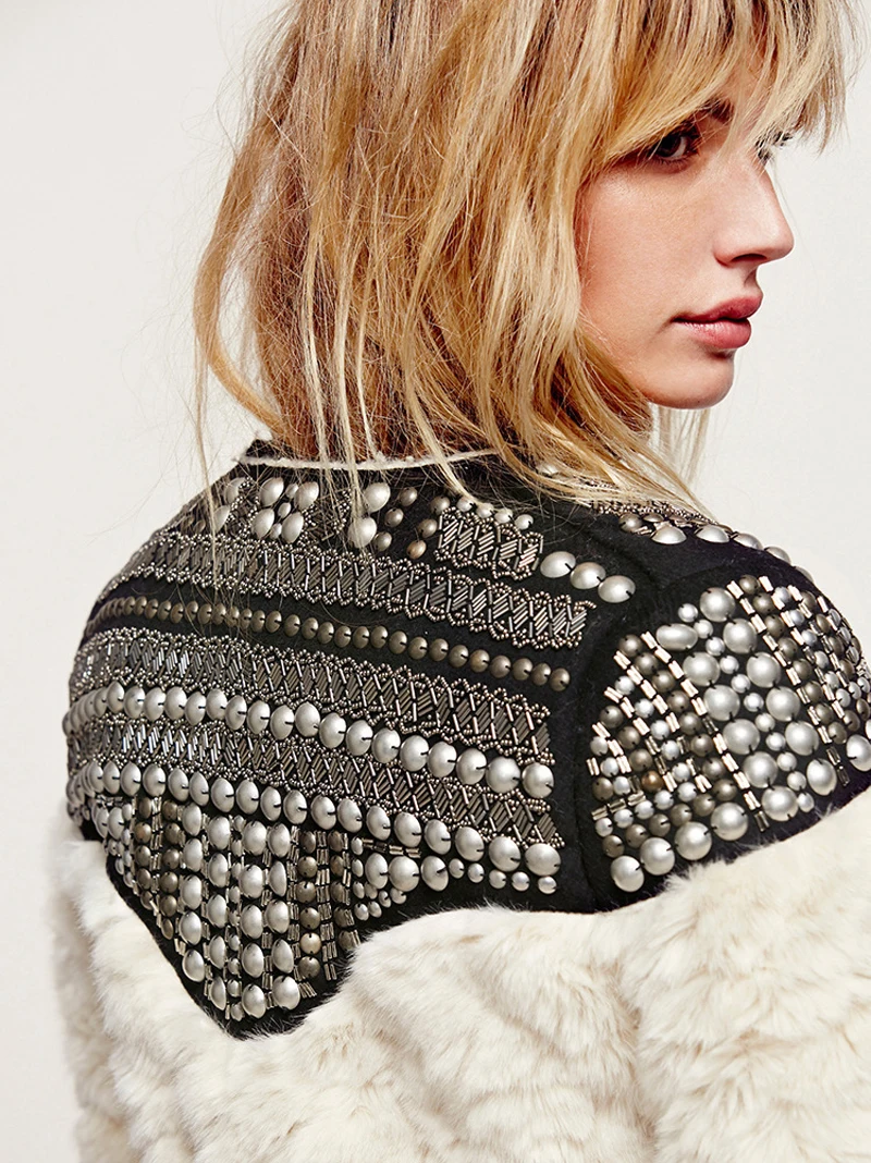 Viyana - Winter Fall Women Warm Faux Fur Coat Handmade Beading Rivet Long Sleeve Boho Style Outwear Jacket Viyana - Winter Fall Women Warm Faux Fur Coat Handmade Beading Rivet Long Sleeve Boho Style Outwear Jacket