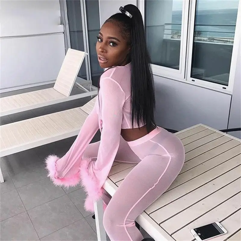 Helisopus Sexy See Through 2 Pieces Set Stretch Bodycon Party Feather Pants +crop Tops Women Tracksuit Club Wear Outfit
Helisopus Sexy See Through 2 Pieces Set Stretch Bodycon Party Feather Pants +crop Tops Women Tracksuit Club Wear Outfit