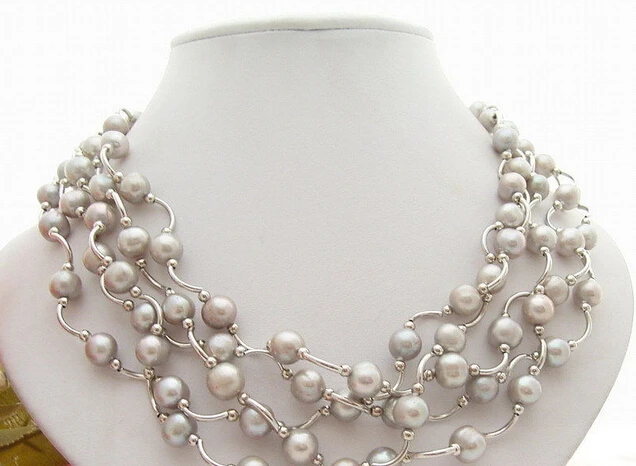 HOT 003102 7-8mm Grey Round Pearl Necklace