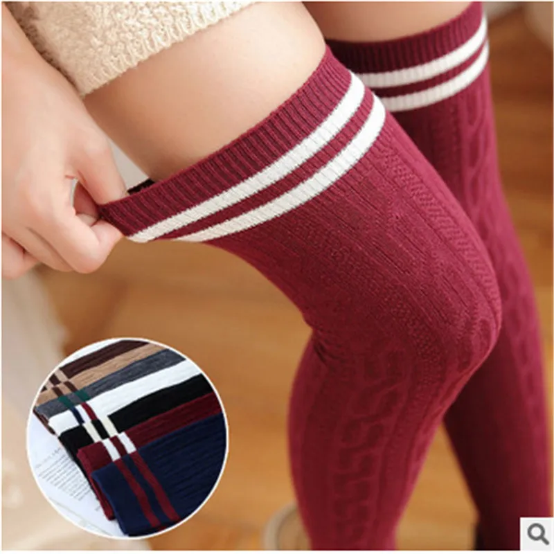Image new Arrival women high quality twist cotton  over knee socks Sexy warm Striped solid color tube stocking