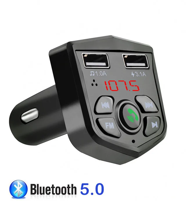 

Bluetooth 5.0 Handsfree Car Kit FM Transmitter 3.1A Quick Dual USB Charger LCD Digital Voltmeter TF Card U disk AUX Player