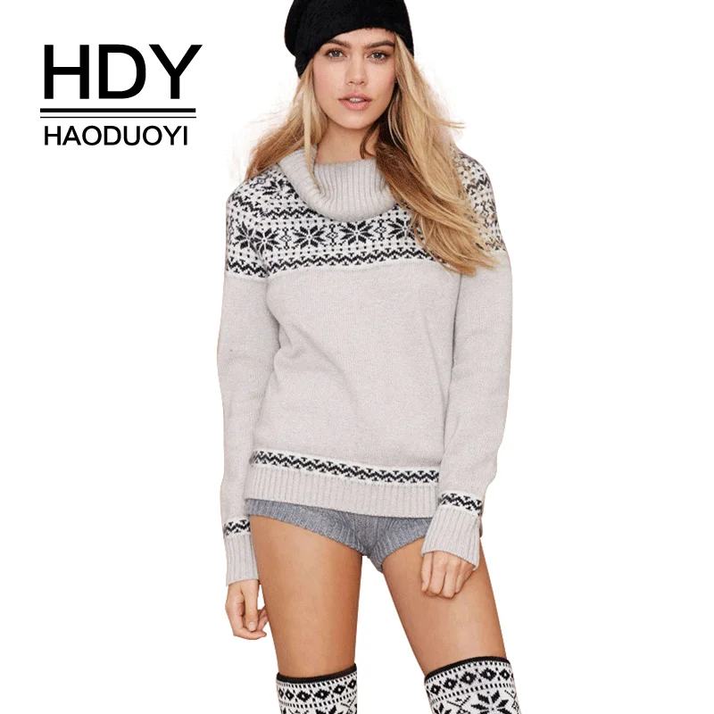 Image HDY 2017 Autumn New Fashion Women Warm Sweater Grey Cowl Neck Knitted Black Pattrn Sweaters Geo Tribal Style Pullovers