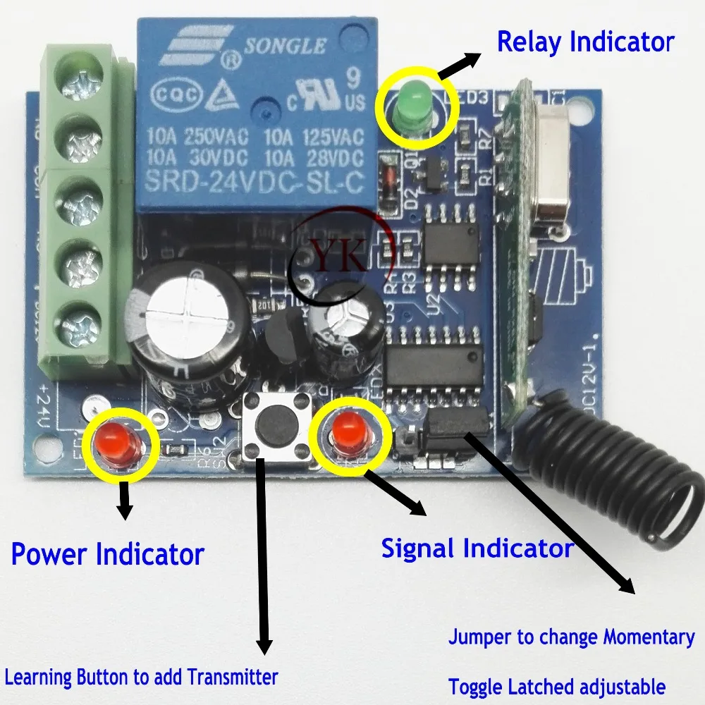 DC 24V 1 CH 10A Relay Receiver Remote Control Switches Learning Code Momentary Toggle Latched 315/433.92 Light Lamp Door Access
DC 24V 1 CH 10A Relay Receiver Remote Control Switches Learning Code Momentary Toggle Latched 315/433.92 Light Lamp Door Access