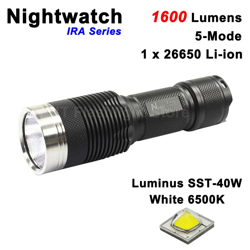 

Nightwatch IRA Luminus SST-40 / SST-40 (Dedomed) White 6500K 1600 Lumens 5-Mode LED Flashlight - Black ( 1x26650 )