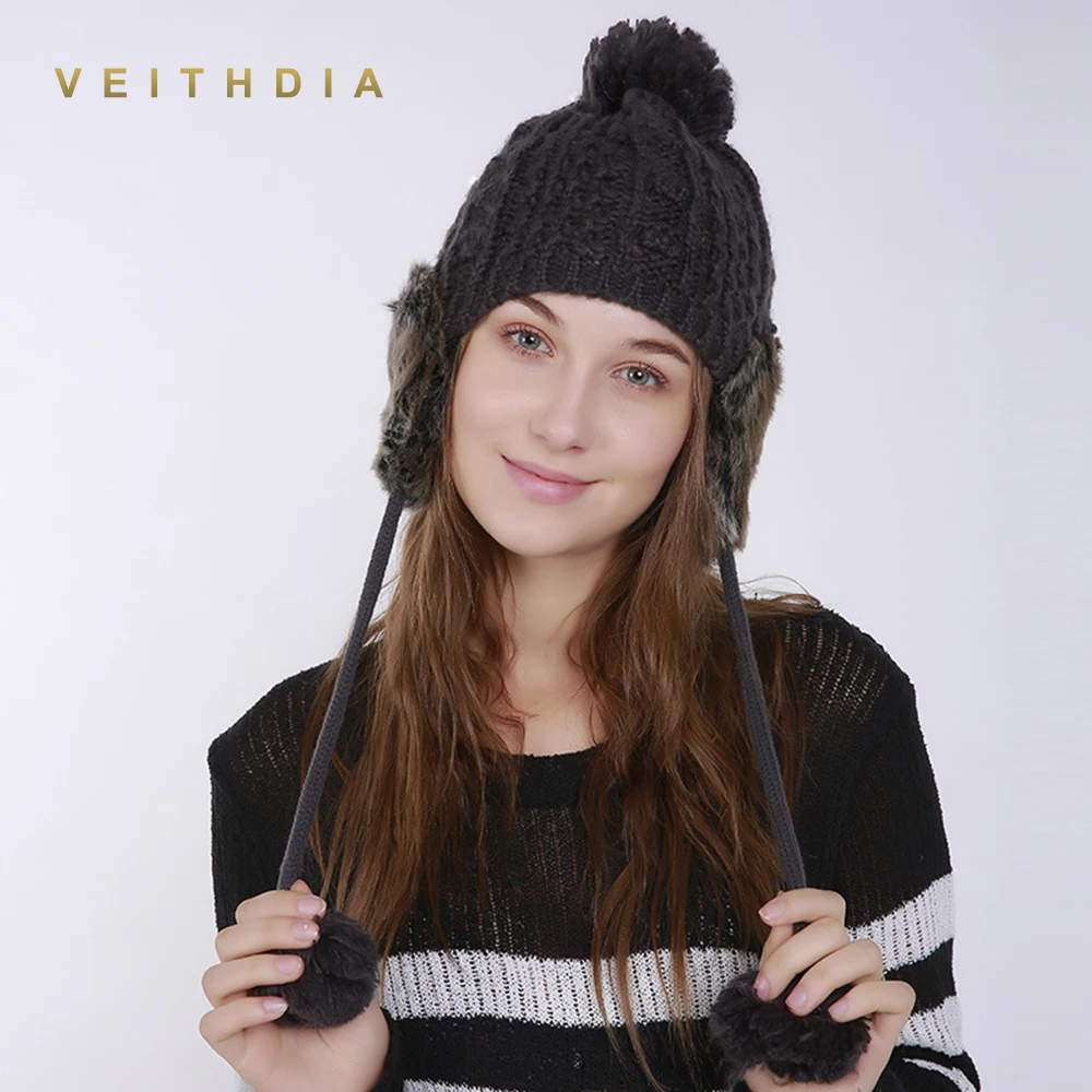 VEITHDIA зимняя Женская Ручная шапочка шапка бомбер толстая вязаная ушанка для