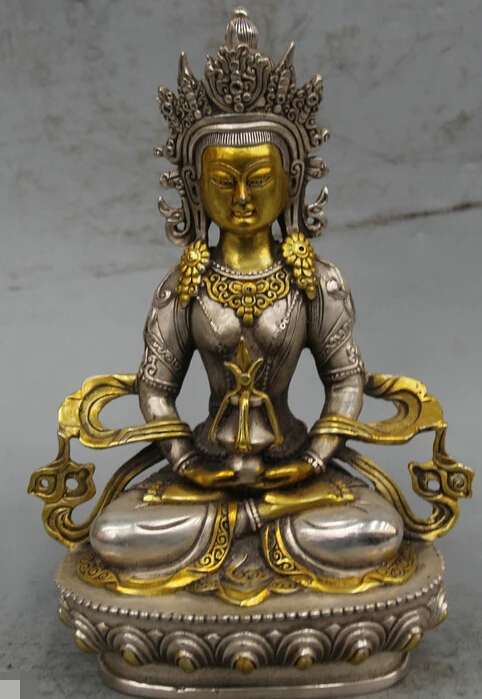 8" Tibet Buddhism Silver Gilt Seat Lotus Amitayus longevity God Goddess Statue R0710
8" Tibet Buddhism Silver Gilt Seat Lotus Amitayus longevity God Goddess Statue R0710