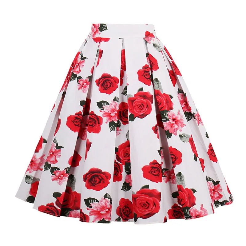Kostlish Retro Print Flower Summer Skirts Womens 2017 High Waist Vintage Skirt Elegant A-Line Midi Women Skirt Plus Size XXL 22 (1)