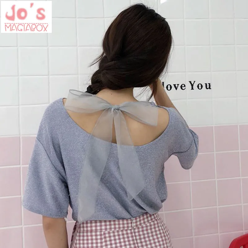 Kawaii Back Bowknot Top Elegant Clothing Woman Sweet Style Bright Silk Bow Tee Solid Tops Casual Round Neck Female Camisetas
Kawaii Back Bowknot Top Elegant Clothing Woman Sweet Style Bright Silk Bow Tee Solid Tops Casual Round Neck Female Camisetas