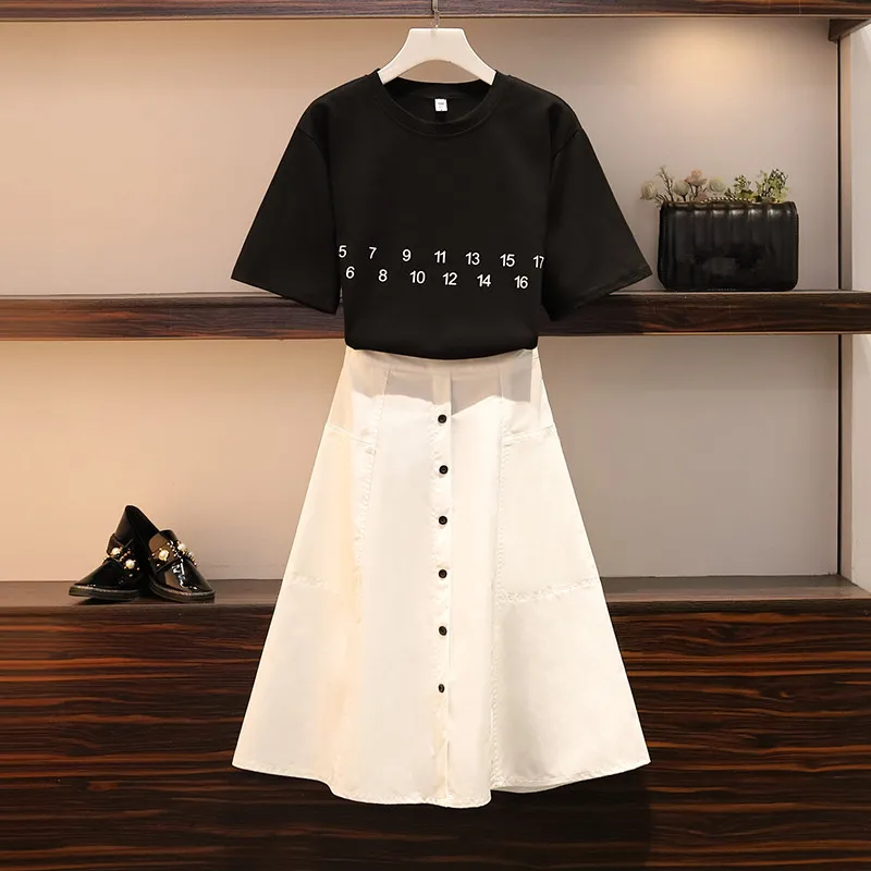 2019 Summer Plus Size Two-Piece Suit Women Casual Number Black T Shirts + Single-Breasted Pocket A Line White Midi Skirt Set
2019 Summer Plus Size Two-Piece Suit Women Casual Number Black T Shirts + Single-Breasted Pocket A Line White Midi Skirt Set