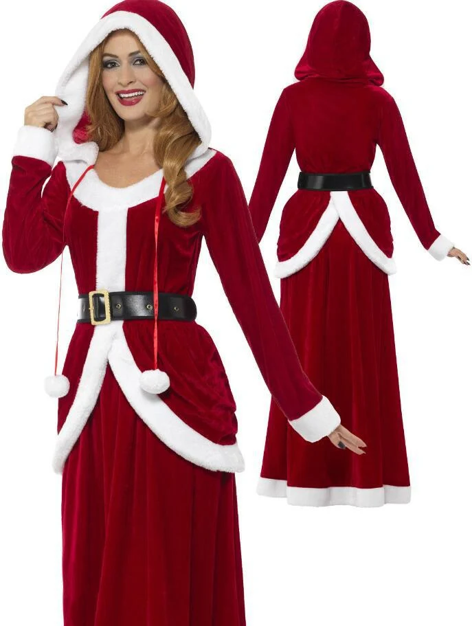 

Deluxe Velvet Merry Christmas XMAS Fancy Dress Adult Women Santa Claus Long Dress Hooded Costume Outfit
