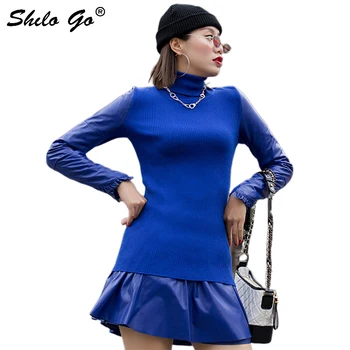 Streetwear Leather Blouses Women Casual Trutleneck Knitted Spliced Sheepskin Genuine Leather Shirts Concise Female Top Shirts 
Streetwear Leather Blouses Women Casual Trutleneck Knitted Spliced Sheepskin Genuine Leather Shirts Concise Female Top Shirts