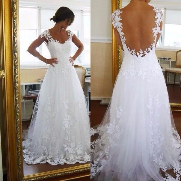 2016 White V-Neck Cap Sleeve A-Line Wedding dreses Plus Size See Through Back Lace Bridal Gown Robe Mariage Vestidos de novia
2016 White V-Neck Cap Sleeve A-Line Wedding dreses Plus Size See Through Back Lace Bridal Gown Robe Mariage Vestidos de novia