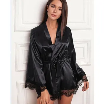 Sexy Lady Slippery Solid Color Robe Lace Stitching Lace Trumpet Cuffs Long Sleeves Tie Waist V-neck Loose Casual Dressing Gown
Sexy Lady Slippery Solid Color Robe Lace Stitching Lace Trumpet Cuffs Long Sleeves Tie Waist V-neck Loose Casual Dressing Gown