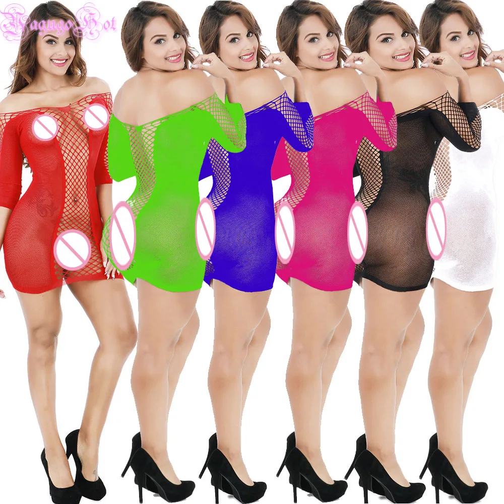 

Fishnet Sleeved Erotic Sexy Lingerie Babydoll Teddy Latex Catsuit Body Stocking Costumes Off Shoulder Dress Porn Cotillon Women